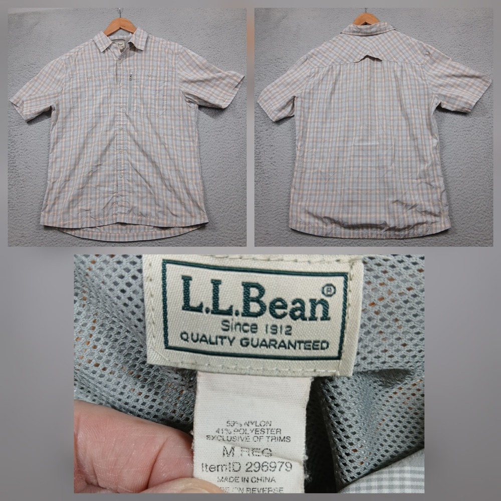 L.L. Bean Plaid Button Up Shirt‎ Men's M Tall Blue Tan Short Sleeve Vented